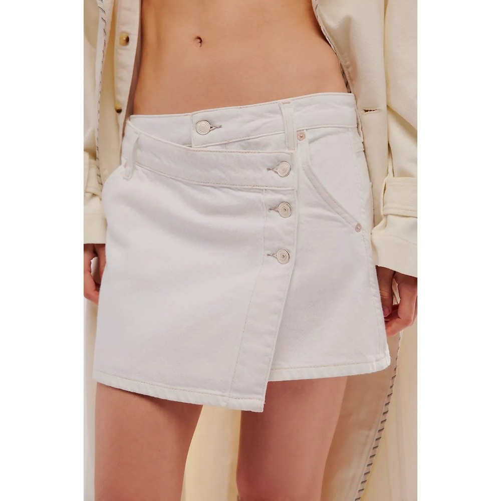 We The Free Wynne Denim Skirt Boho Asymmetrical Buttons White Cotton